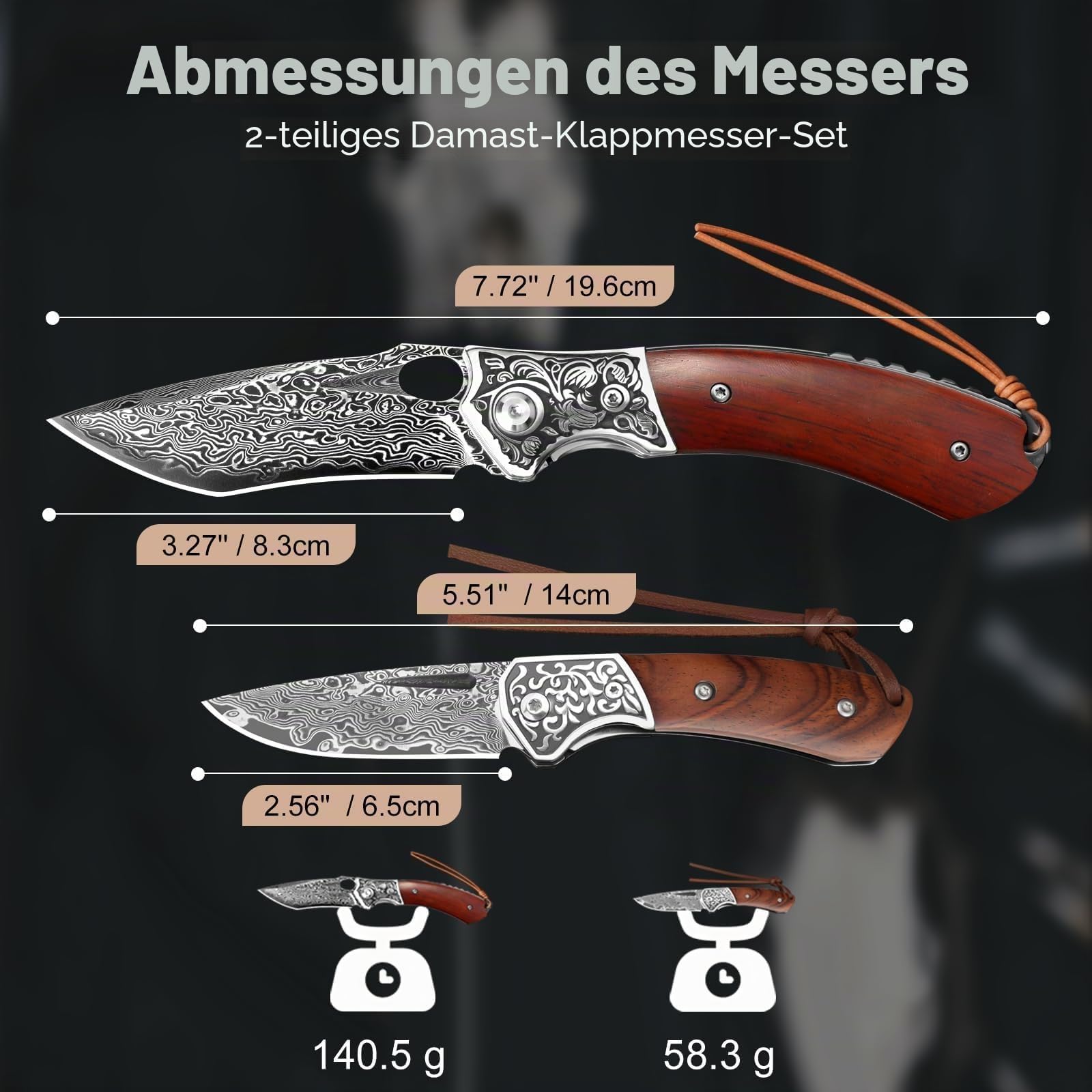 DRACHENADER Damast-Taschenmesser Set, 2er Klappmesser aus 67 Lagen VG10 Damaststahl, Zweihandmesser mit Liner Lock, §42a-konform, Enthält RUBY SEED und HB mit Lederscheide