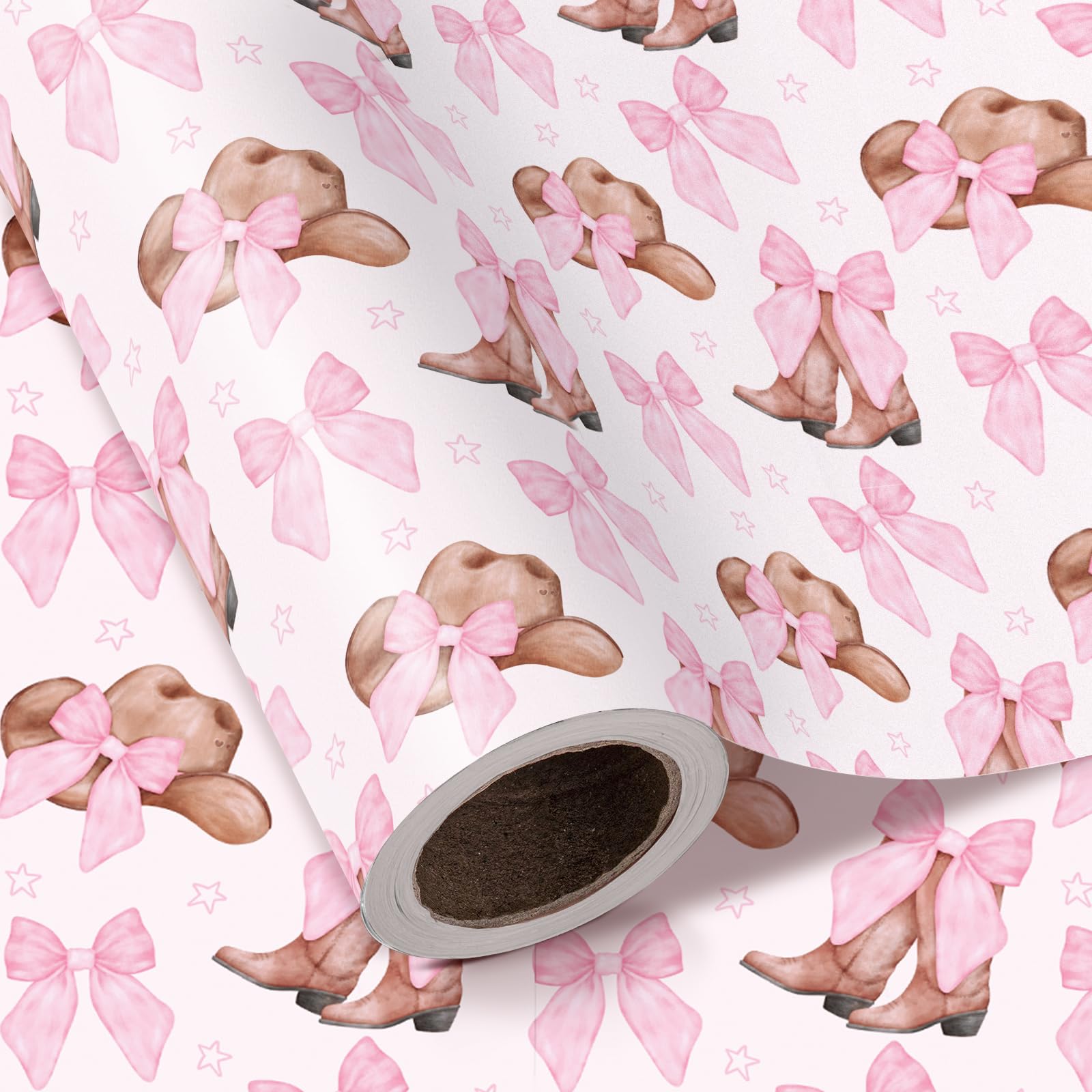RUSPEPA Western Cowgirl Wrapping Paper Roll - Mini Roll - 43.2cm x 5m - Cowgirl Hat and Boots with Pink Bow Design Perfect for Women Girls Birthday, Nashville Party