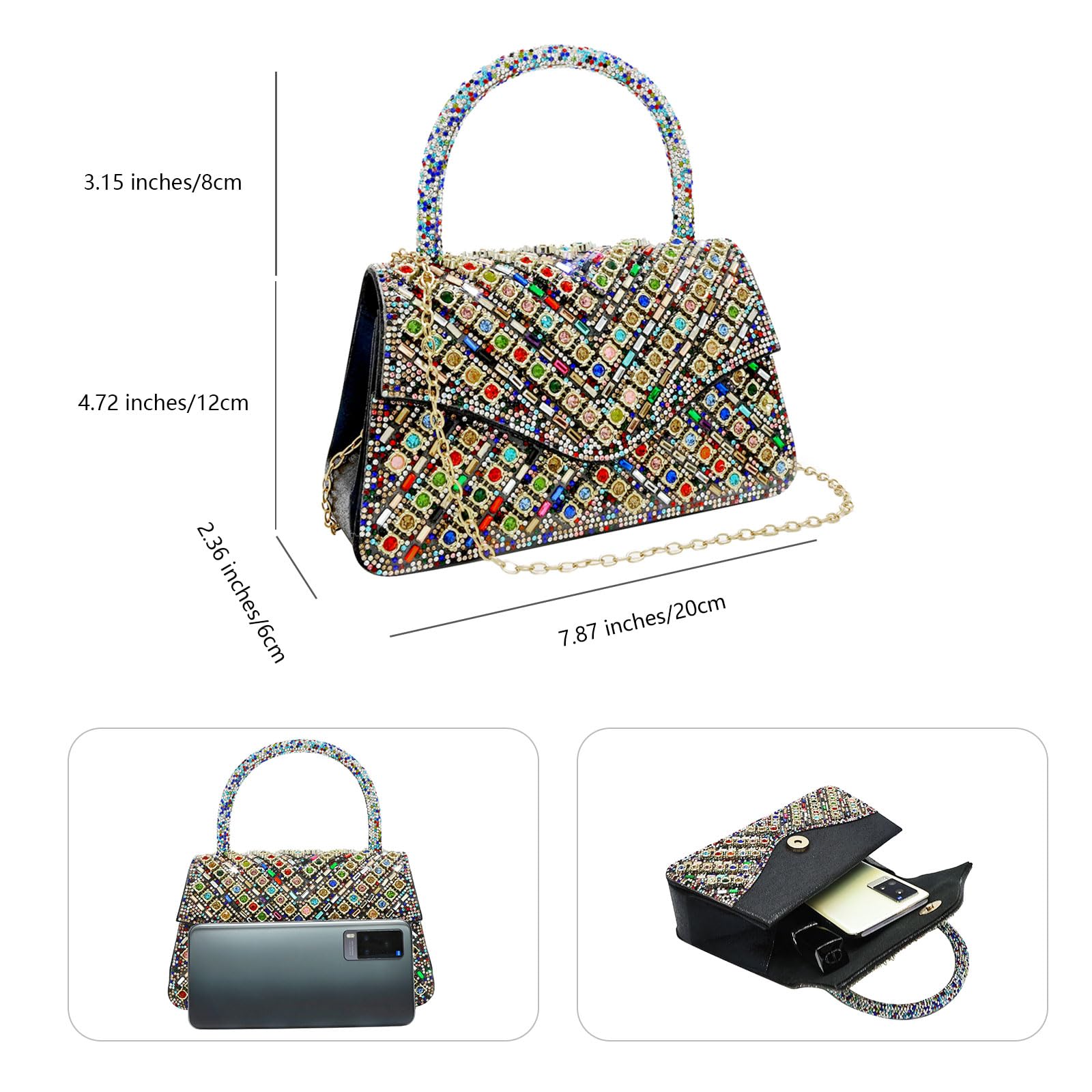 LUNIQO Clutch Purses for Women Sparkly Rhinestones Purses and Handbags for Wedding Party Evening Crossbody Bag with Chain (Multicolor)