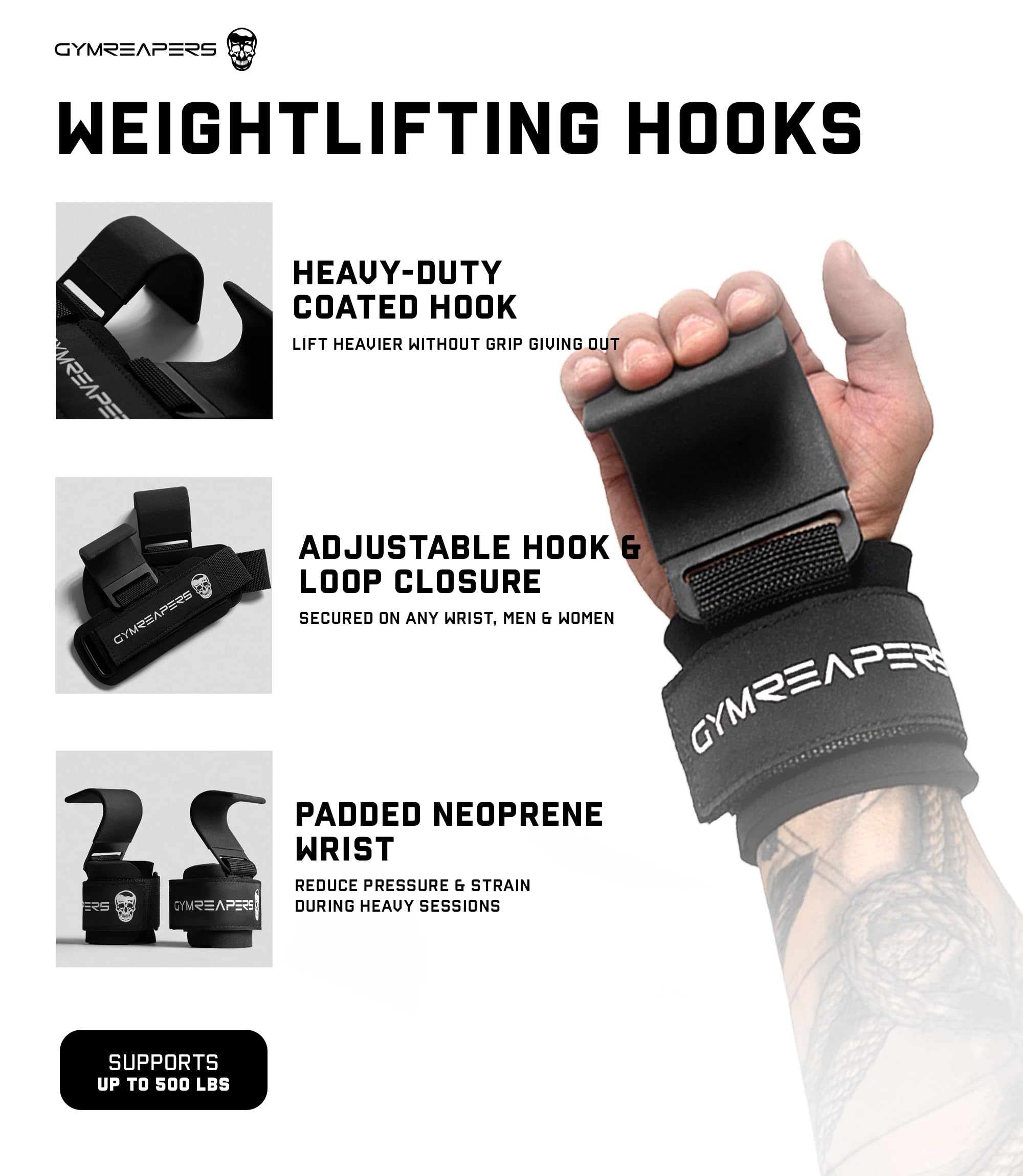 Gymreapers Weight Lifting Hooks (Pair), Heavy Duty Power Wrist Straps Hand Grip Support For Deadlifts, Pull Ups, Shrugs - Gym Gloves For Men and Women