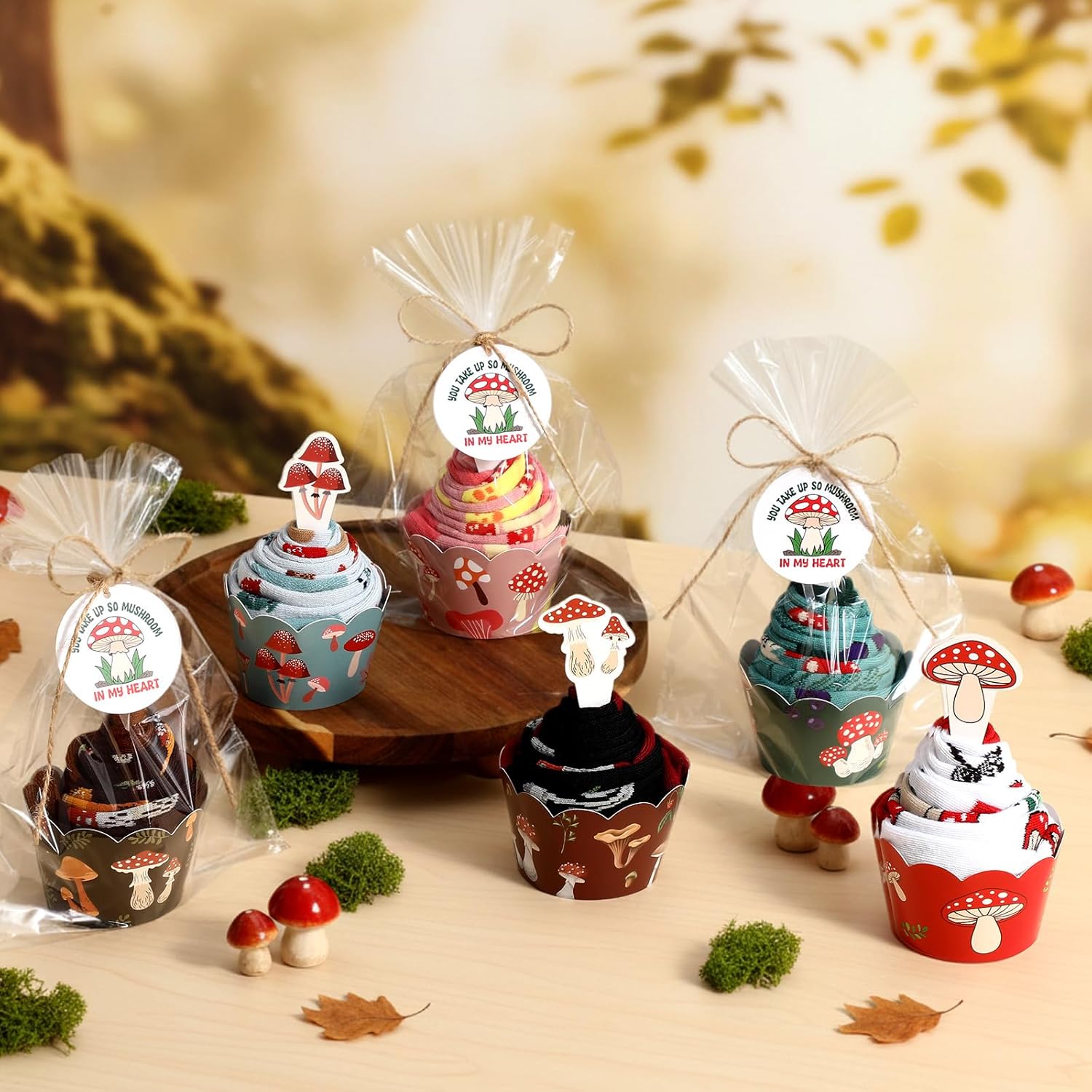 Foaincore 6 Pairs Women's Cute Socks Funny Mushroom Socks Valentine's Day Birthday Gifts for Women Mom Men Mushroom Lovers Gift Decor Accessories with Cupcake Toppers and Wrappers - Image 2