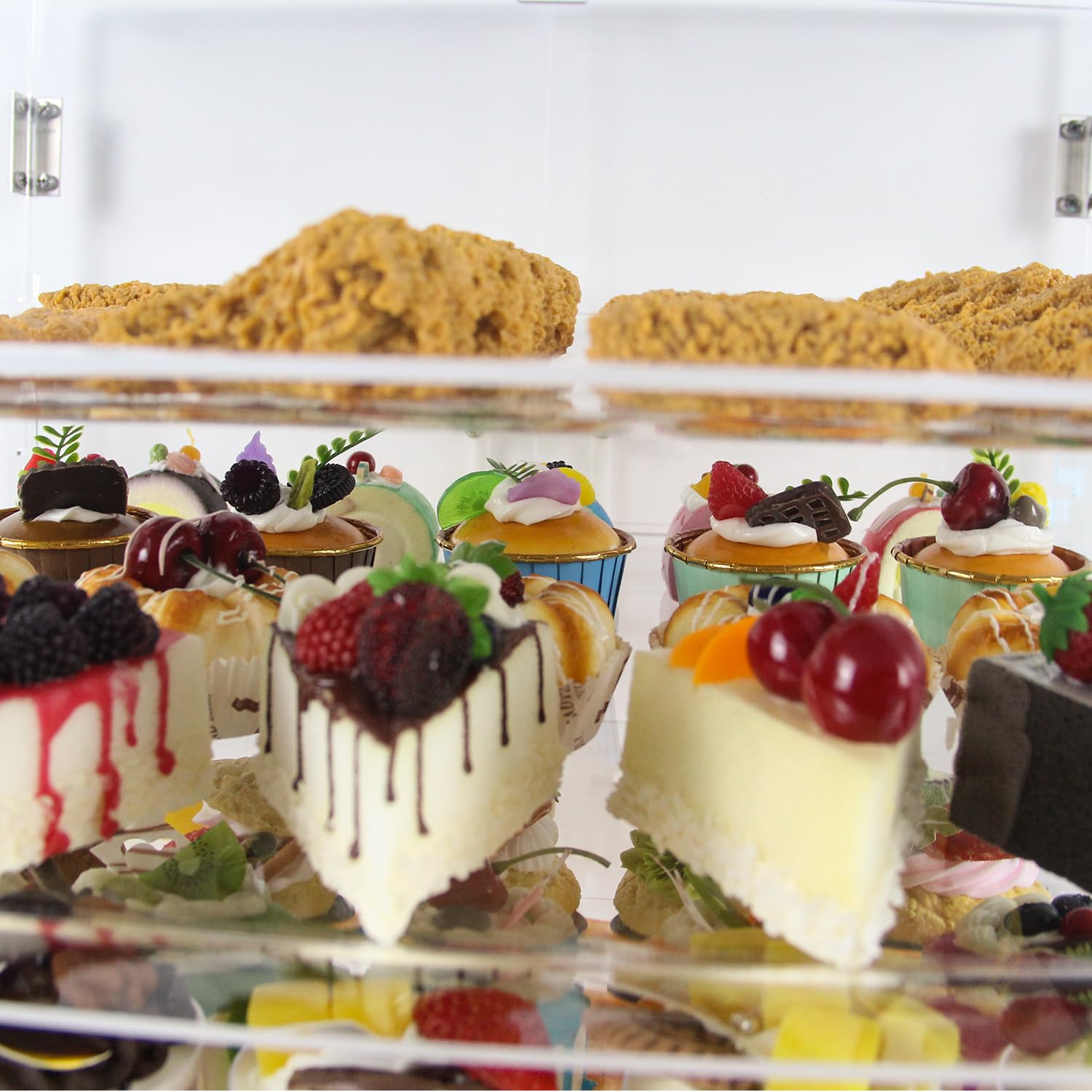4 vassoi trasparenti da banco per panetteria, 55,5 x 53 x 53,3 cm, vetrina rimovibile per pasticceria, armadietto per pane in acrilico con porte posteriori, alzata per torte e dessert