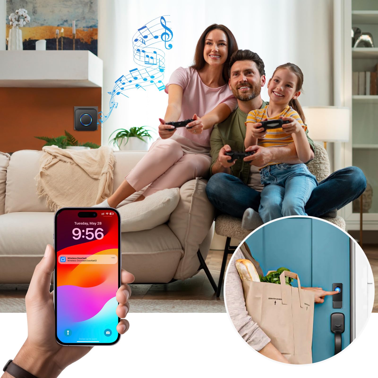 WiFi Sonnette sans Fil Exterieur Etanche, Compatible avec l'Application Smartphone, Sonnette Connectée 0-110dB 32 Mélodies, Doorbell avec Notification à Distance, Sonnette Extérieure avec Flash LED