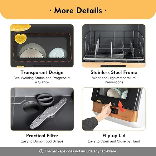 Miniatura 7 de Lavavajillas portátil para encimera, mini lavavajillas compacto de 6 litros, 4 programas de lavado y 2 funciones de secado, limpieza de vajillas,