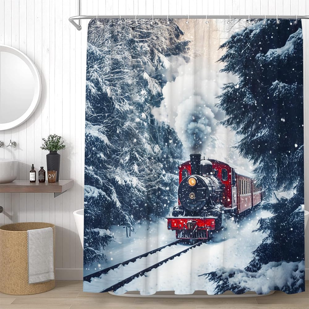 Winter Train Shower Curtain Vintage Steam Engine Railway Snowy Tree Country Snow Scene Bathroom Decor Curtains Set with Hooks, 70" W x 86" H