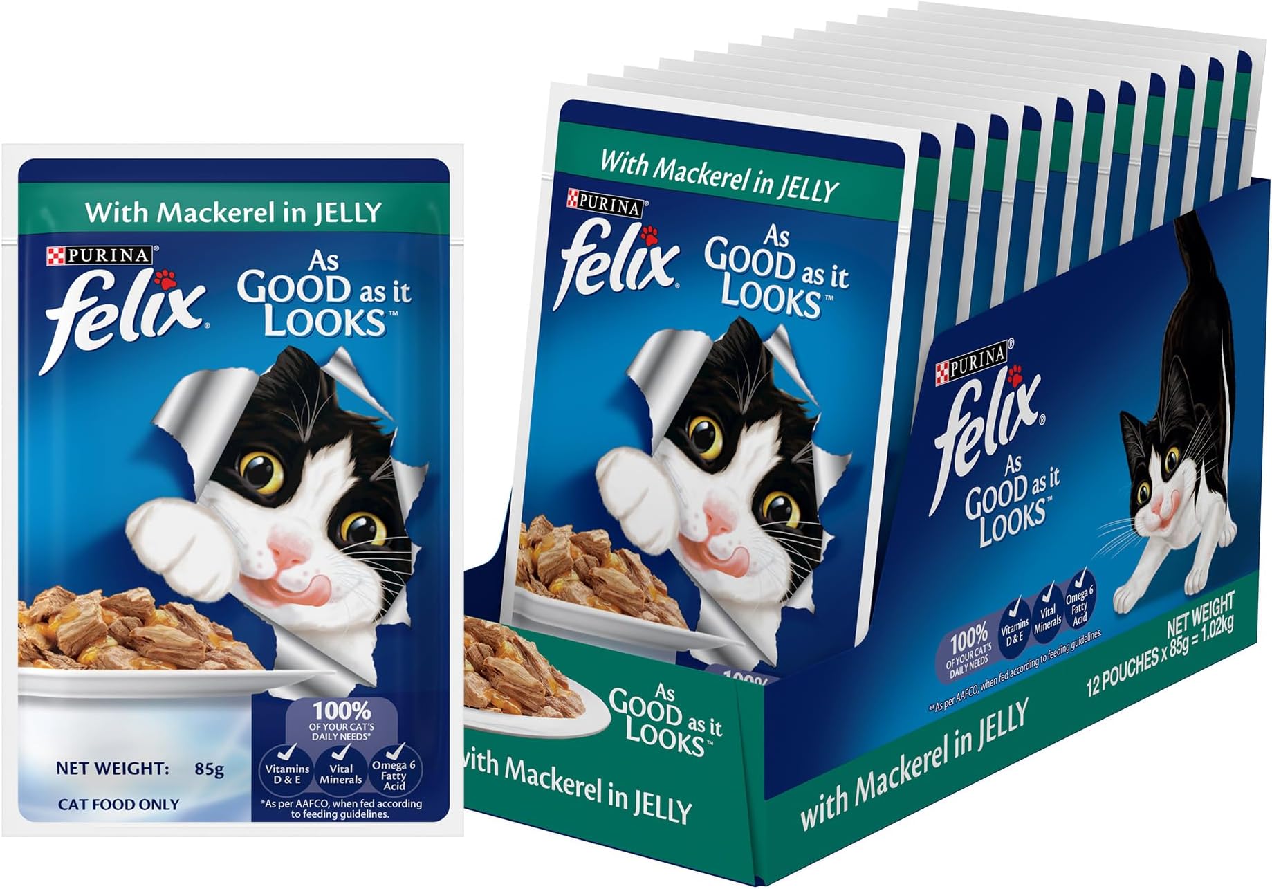 Felix with Mackerel in Jelly | Wet Food for Adults | Complete and Balanced Cat Food, Pack of 12 Pouches (12 x 85 g)