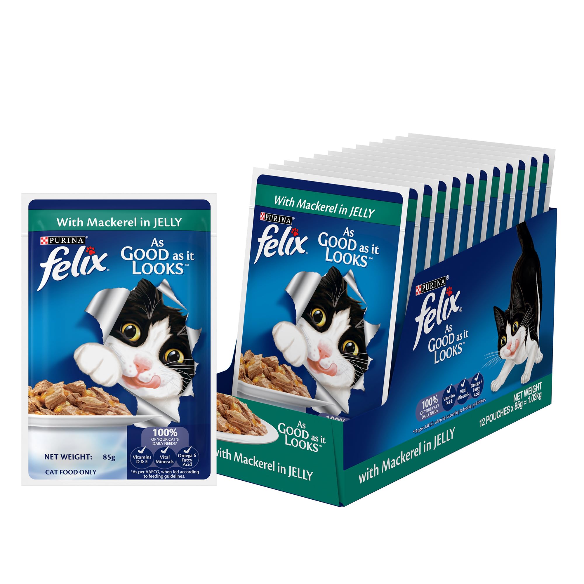 Purina Felix with Mackerel in Jelly | Wet Food for Adults | Complete and Balanced Cat Food, Pack of 12 Pouches (12 x 85 g)