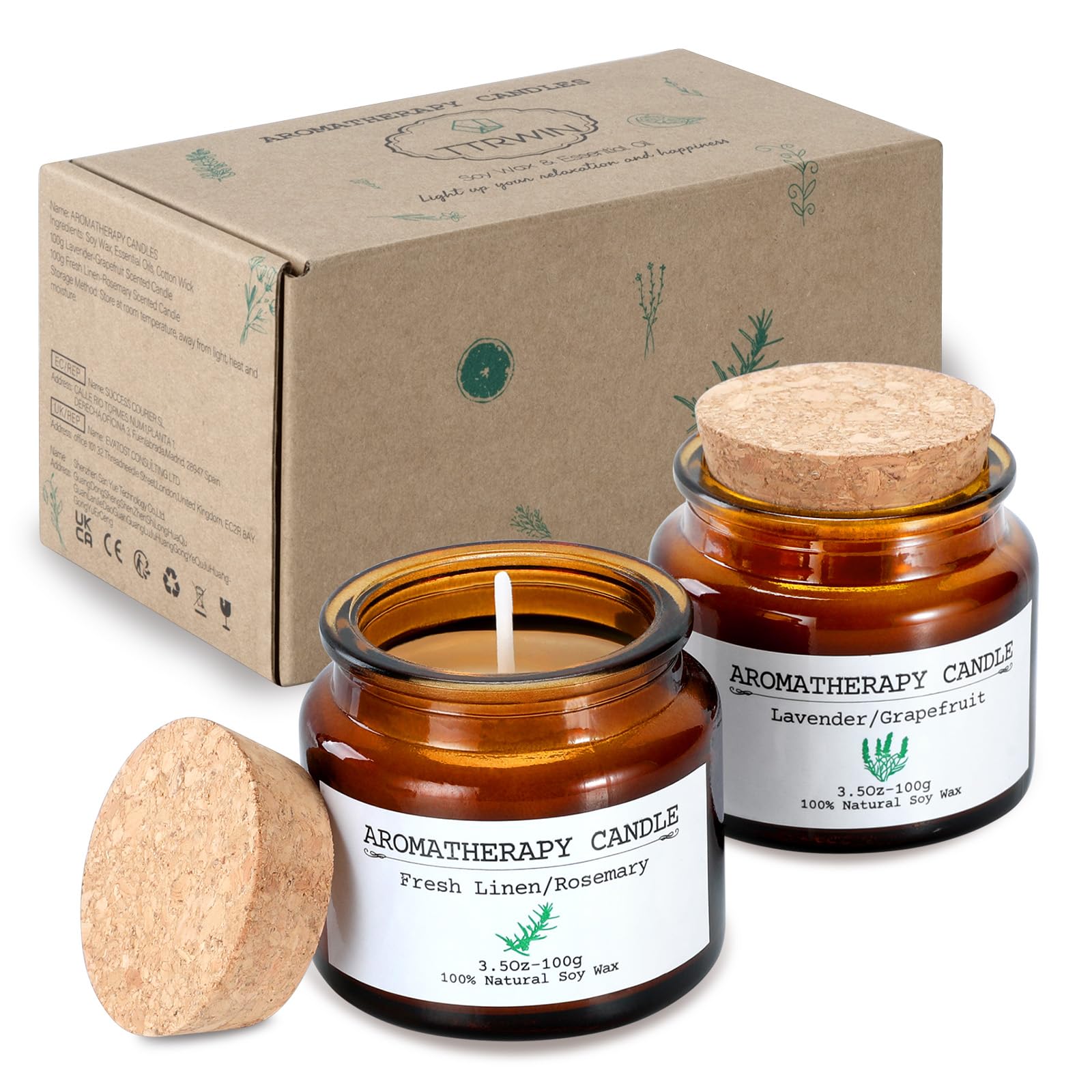 TTRWIN 2 Sleeping Aromatherapy Candles, Promotes Sleep Relaxation Scented Candles Gift Set for Men Women, Natural Soy Wax Candle, 200g-2 Glass Jar Candle with Cork