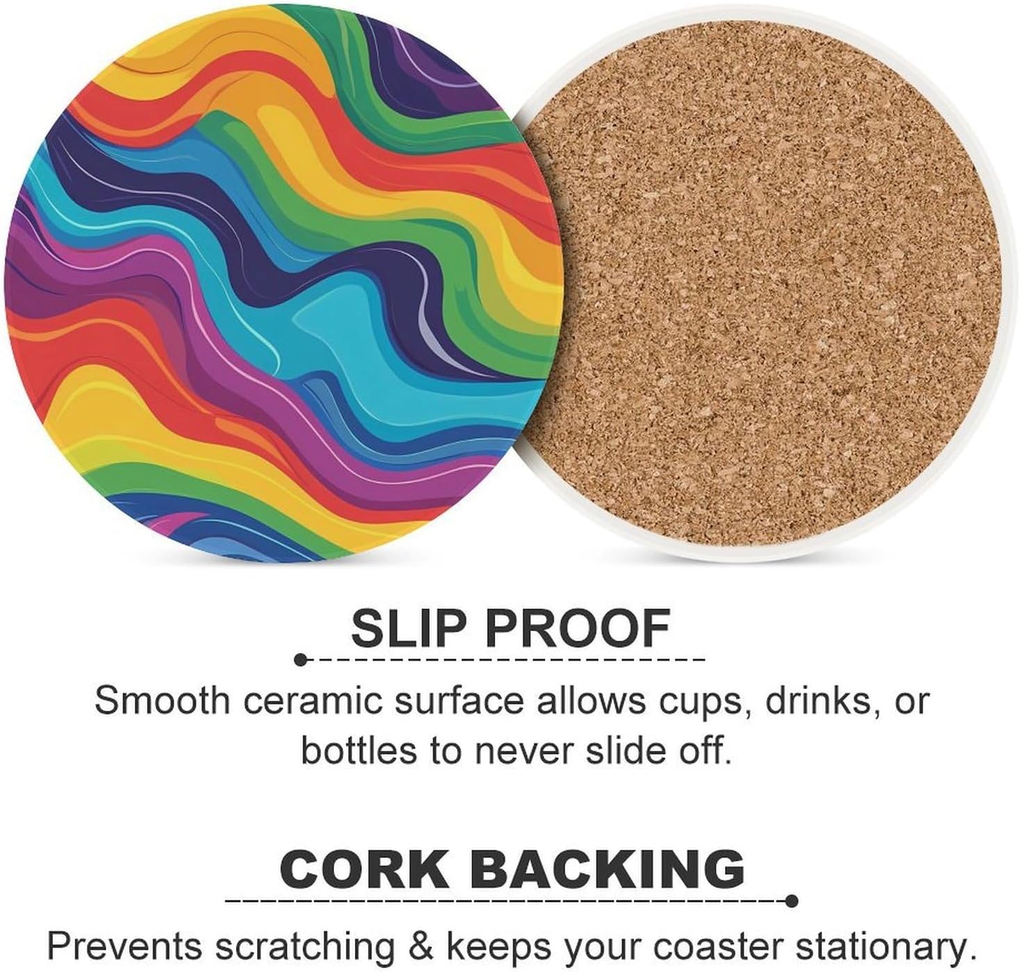 LGBT Rainbow Round Ceramic Coasters Print Drinks Absorbent with Cork Base for Home Decor Gifts 4 Inch