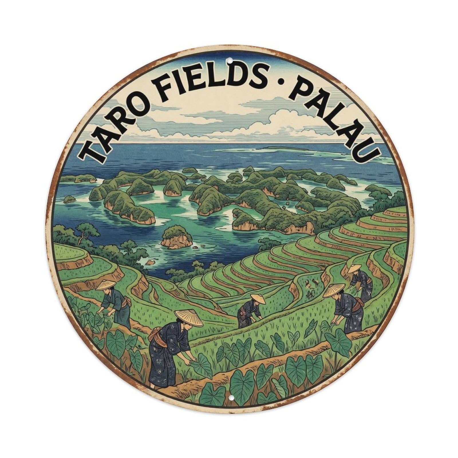 Olyhtr 8X8inch Classic Style Palau Taro Farm Terraced Woodblock Heritage Metal Tin Sign
