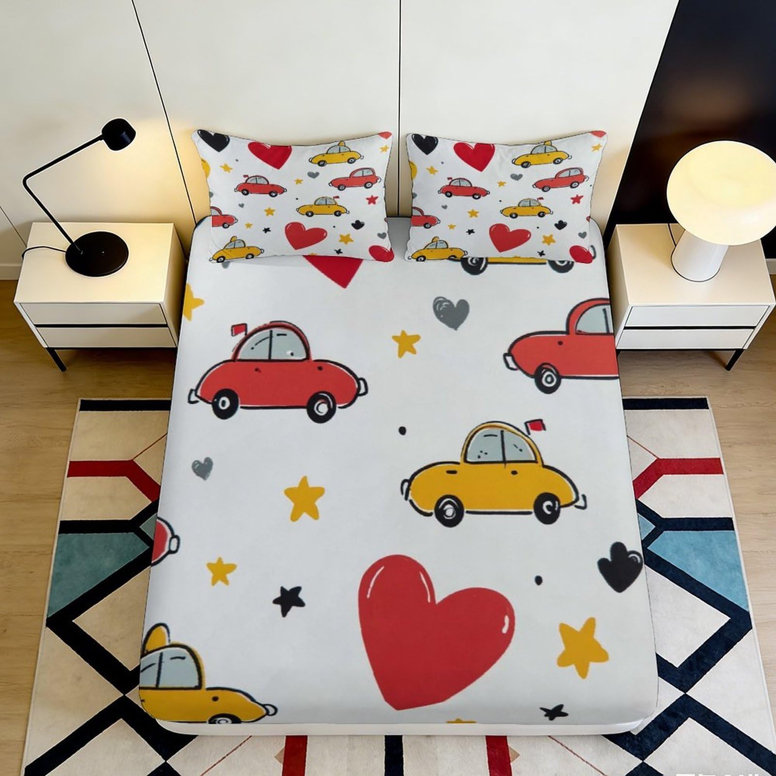 3D Printed Cartoon Car Heart Fitted Sheet Microfiber Soft Mattress Cover for Bedroom Dorm Mattress Protection Decor 180x200x25cm