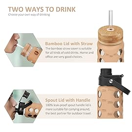 MUKOKO 24oz Glass Water Bottle with 2 Lids-Handle Flip Lid&Bamboo Straw Lid,Motivational Water Tumbler with Time Marker Reminder and Silicone Sleeve, Leakproof-Amber