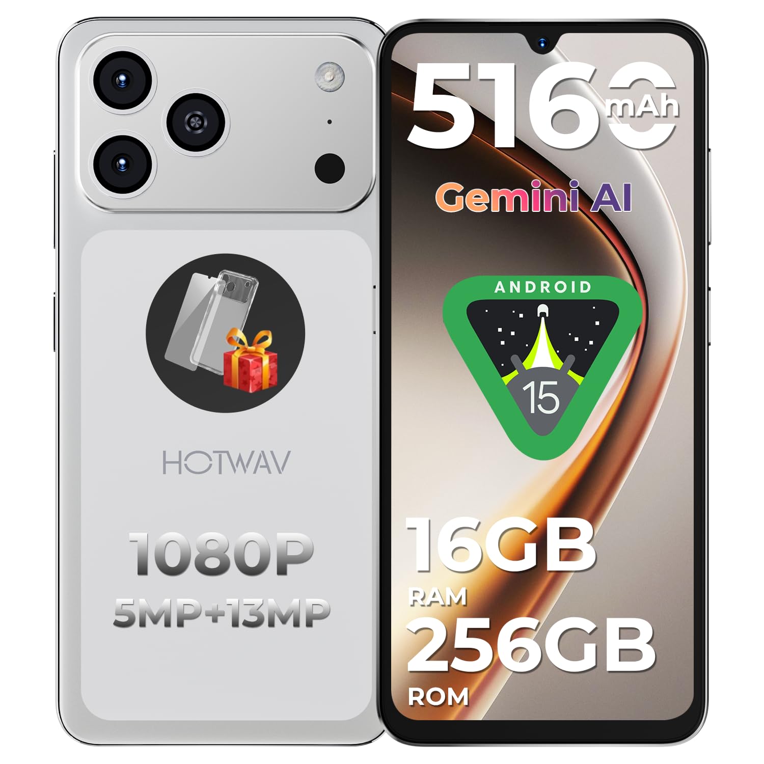 HOTWAV A17 Pro Max Smartphone Android 15, 16GB+256GB/TF TB Telefono Cellulare, 5160mAh Cellulare, 6.75 Pollici Telefoni, 13MP+5MP Camera, Dual SIM 4G Telefono/1080P/GPS/Face ID/Fingerprint - Argento | Batteria a lunga durata, fotocamera 13 MP di stoccaggi