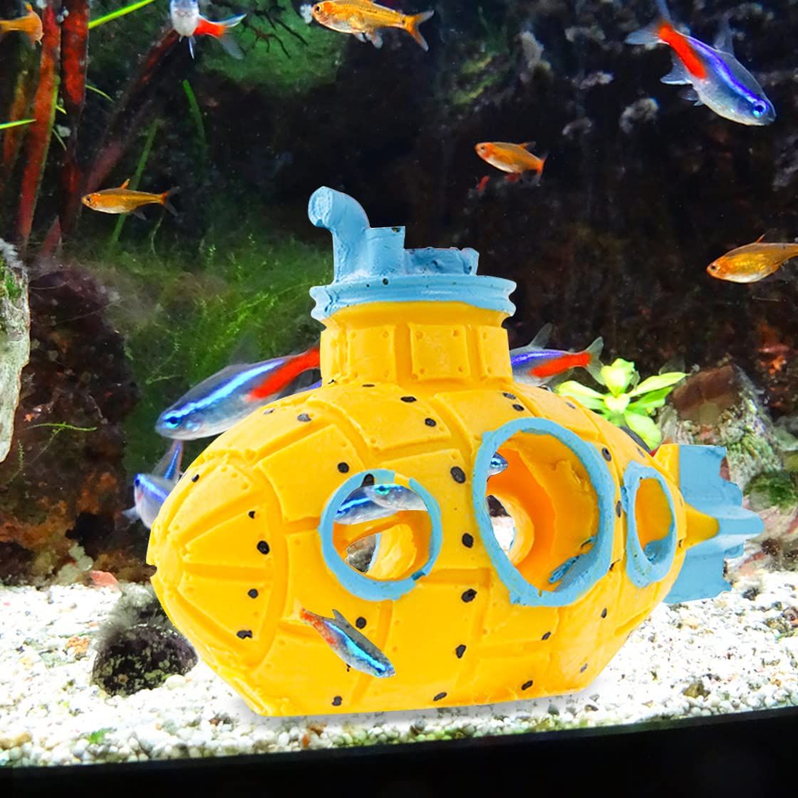HyzaPhix Resin Hollow Submarine Fish Tank Decorations Aquarium Shrimp Hideout Aquarium Ornament Hiding Cave Shelter for Shrimp Betta Lizards Hideaway Decor (Submarine Yellow) : Pet Supplies