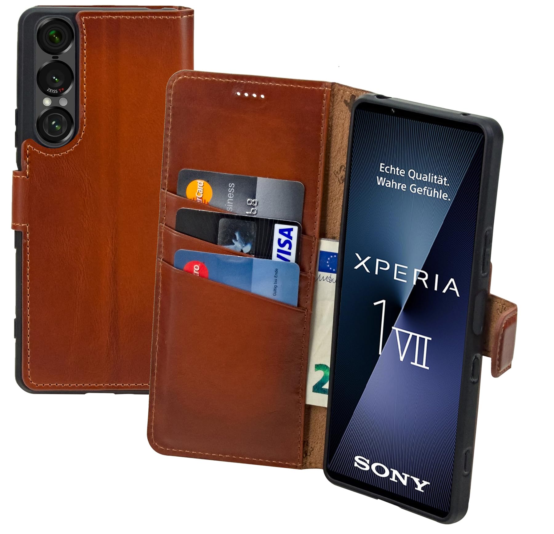 Book-Style Case Compatible with Sony Xperia 1 VII 7 (2025) Leather Case (Slim Fit) Leather Mobile Phone Case Protective Case with 3 Card Slots in Burned Cognac