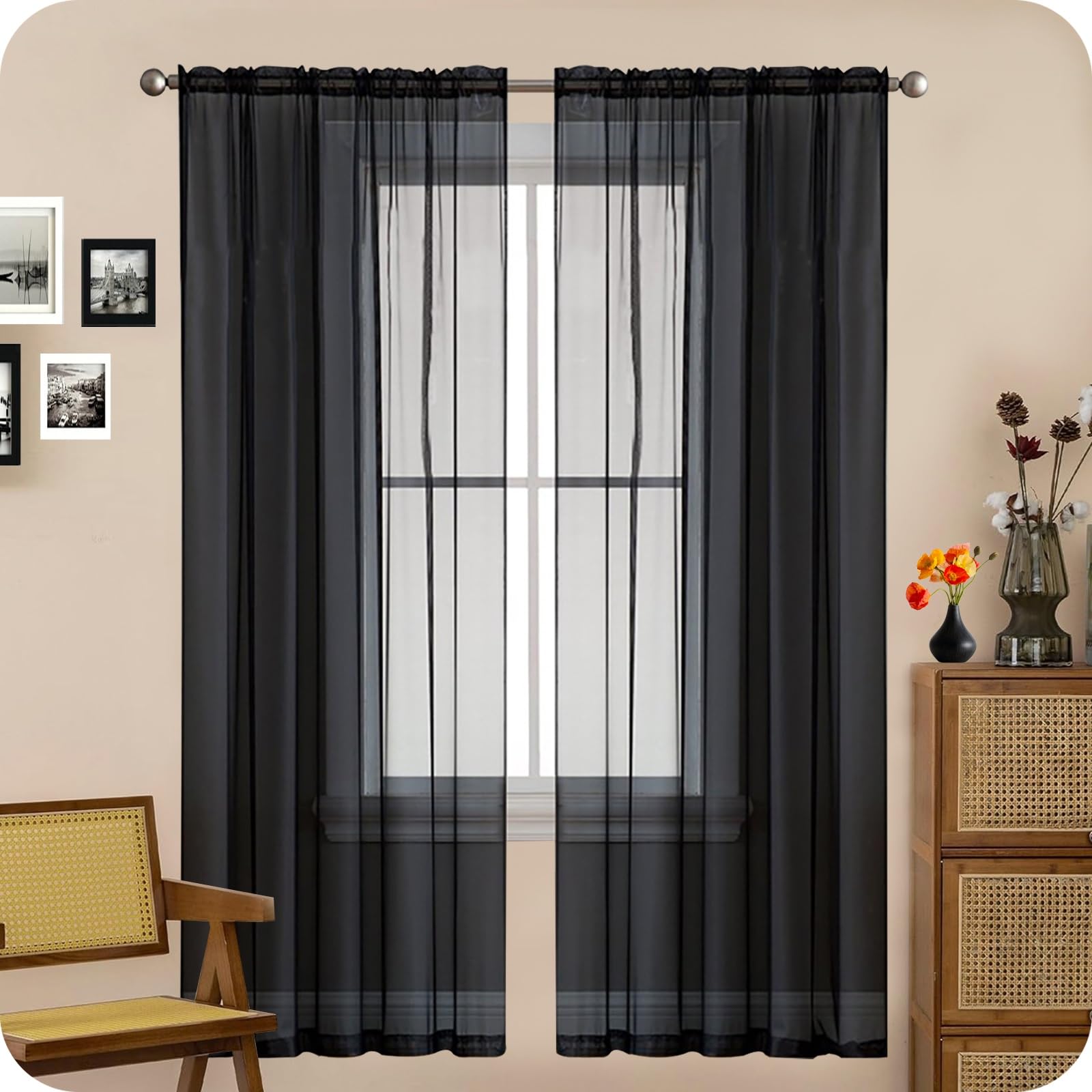 GAIFNAG Voile Curtain with Eyelet 190 x 60 cm Pencil Pleat Black Out/Light Weight Linen Look Solid Short Kitchen Curtain Pair Panel for Bedroom and Living Room, Black