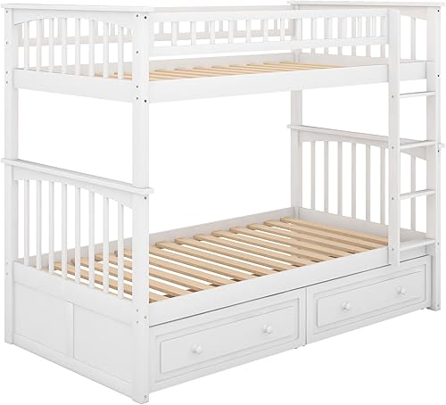 Miniatura 10 de MOEO Litera individual sobre individual con cajones y escalera convertible en 2 marcos de cama para niños adultos dormitorio fácil de montar no