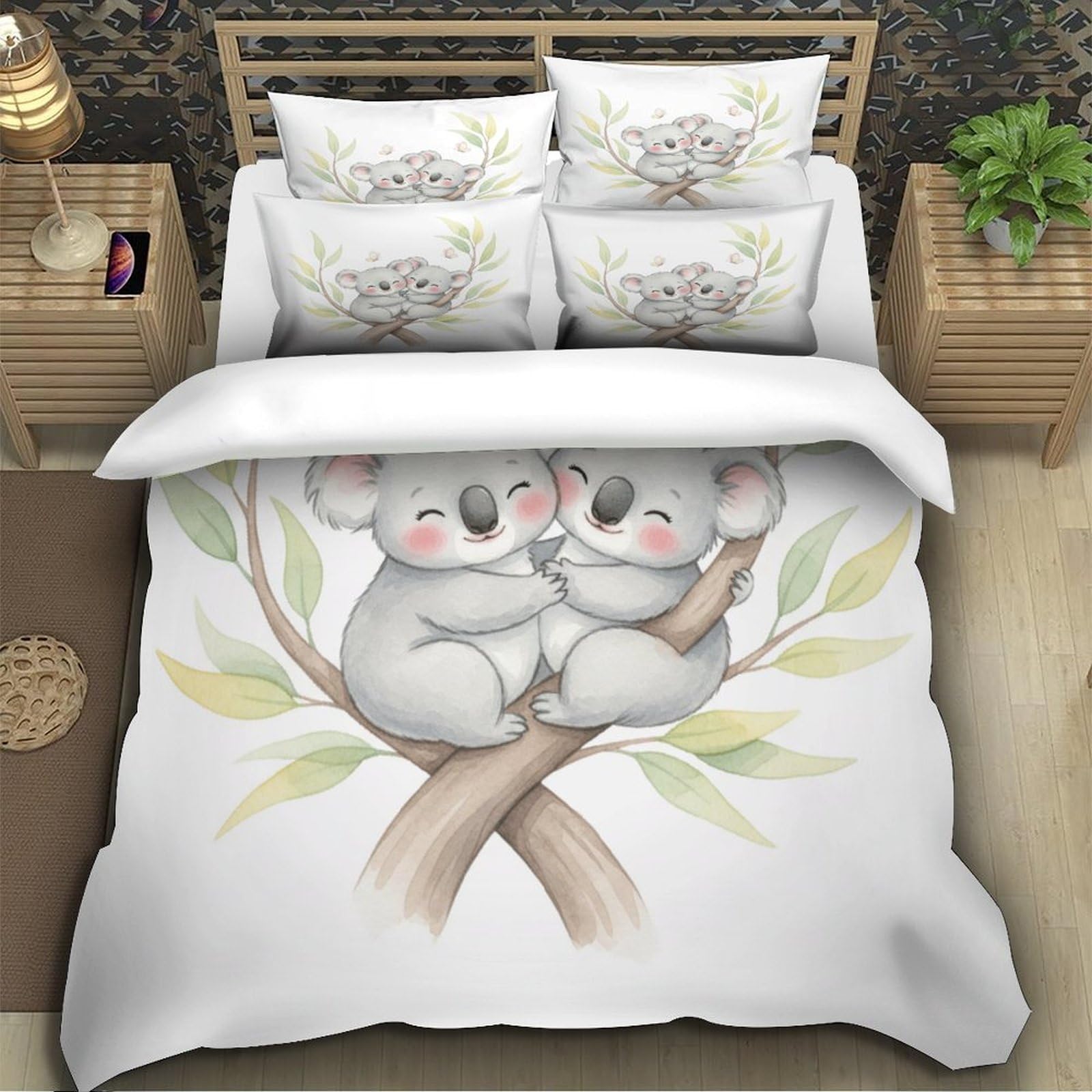 süßes Koala-Pärchen 3D Bedruckt Bettdeckenbezug 3teilig Mikrofaser leichtgewichtig Aquarellillustration Bettbezug 2 Kissenbezüge hautfreundlich Erwachsene Familie Super King（260x220cm）