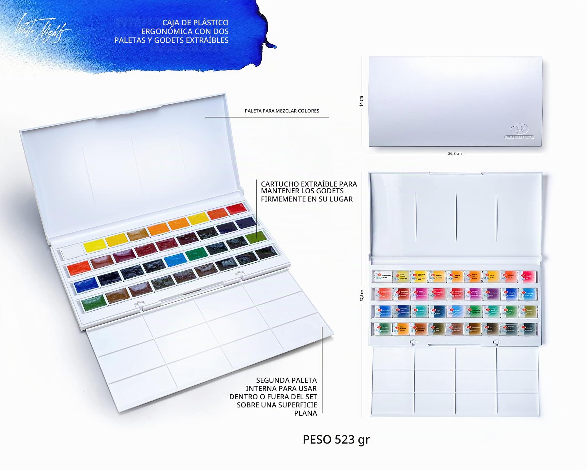 White Night Artists Watercolour Set 36 Whole Pans, Plastic Box