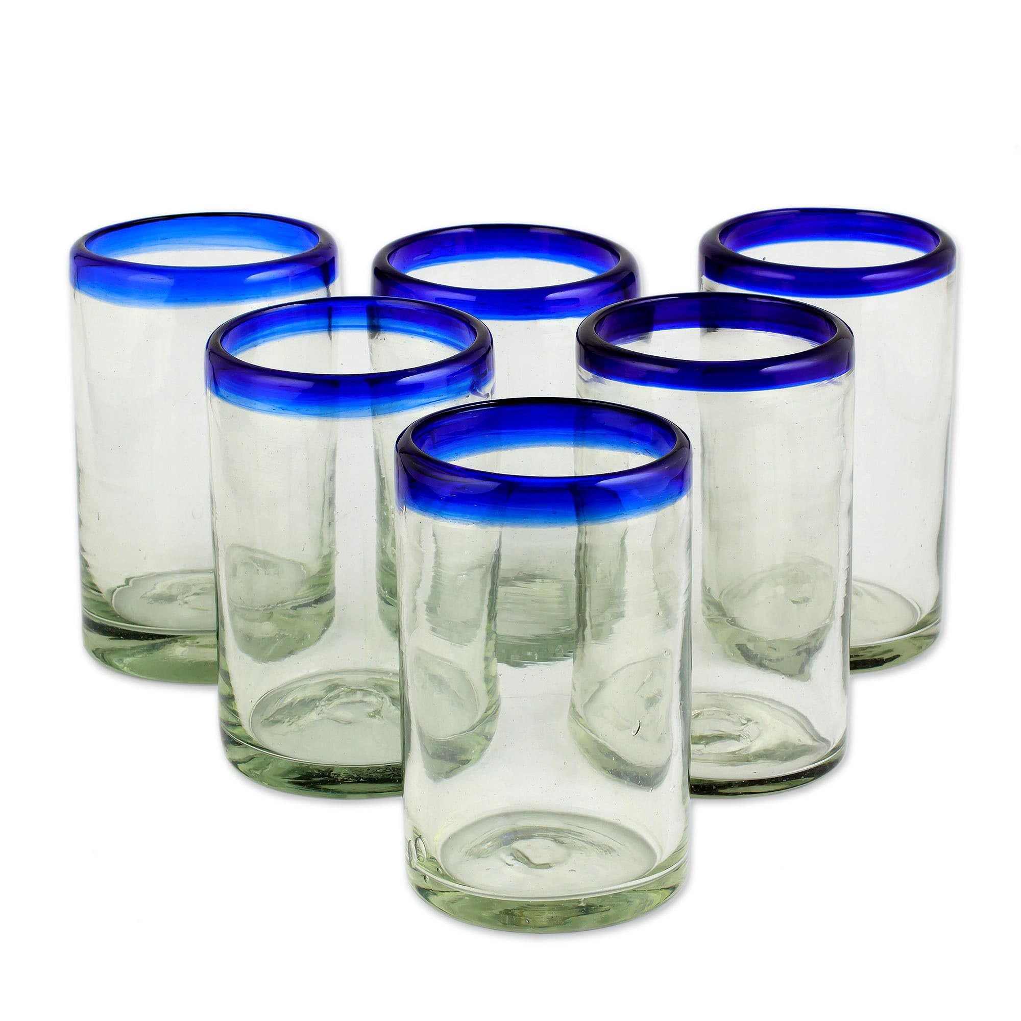 NOVICAArtisan Crafted Hand Blown Clear Blue Rim Recycled Glass Juice Glasses, 4.3In H X 2.6In Diam. 8 Oz. 'Cobalt' (Set Of 6)