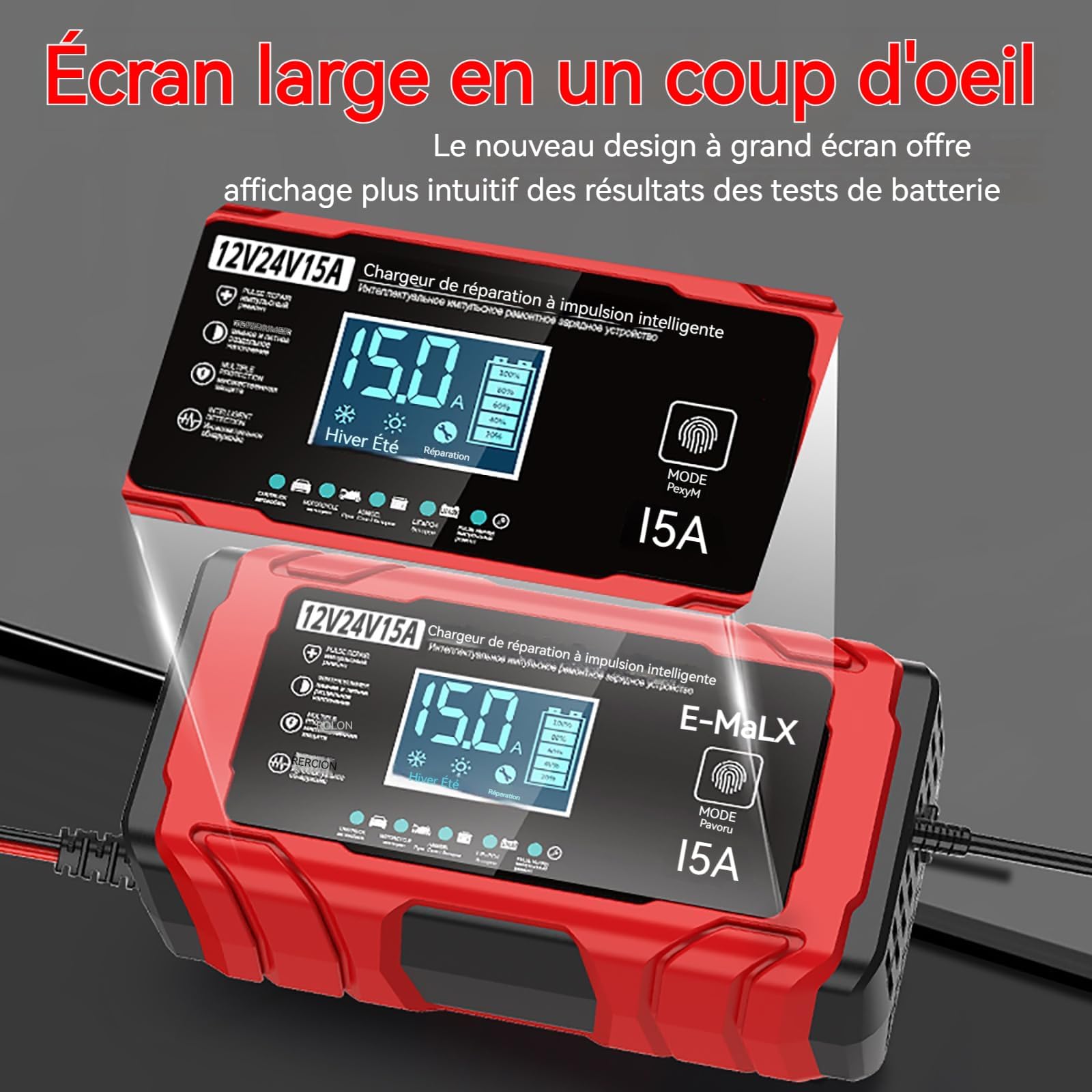Chargeur Batterie Voitures 12V/24V 15A, avec Compensation de Température,Booster Batterie Universel Intelligent, Maintien de Charge Sûr Et Efficace, pour Voiture, Camion, Moto (Rouge)