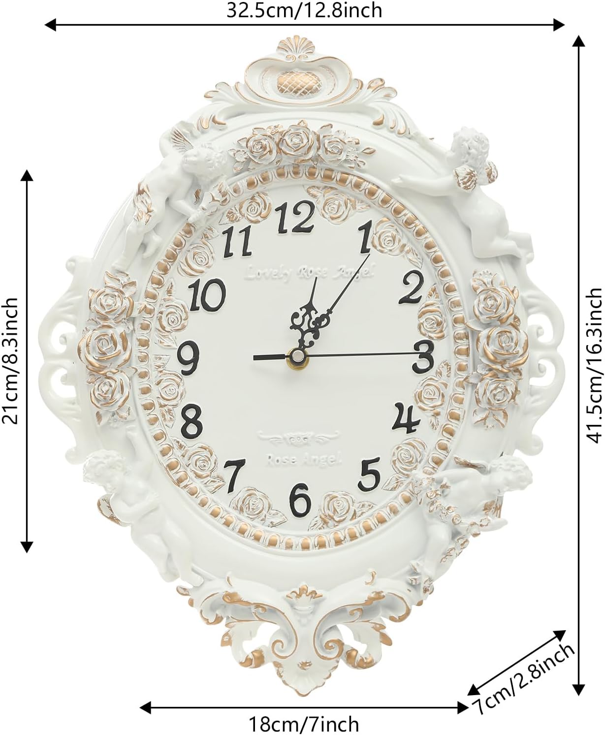 Decorative Wall Clock, European Style Off-White Ellipse Wall Clock for Home and Office Decor, Silent Quartz Movement, Easy-to-Read Large Dial, Resin Wall-Mounted Clock for Living Room (Oval‌-Carving)