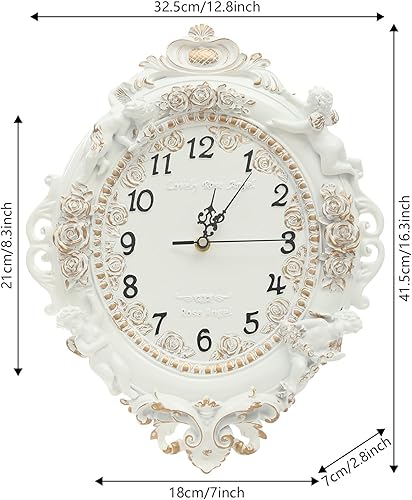 Miniatura 2 de European Style Resin Wall Clock, Retro Silent Clock with Angel and Rose Relief, Decorative Mural Clock for Living Room, Bedroom, Office, Farmhouse,