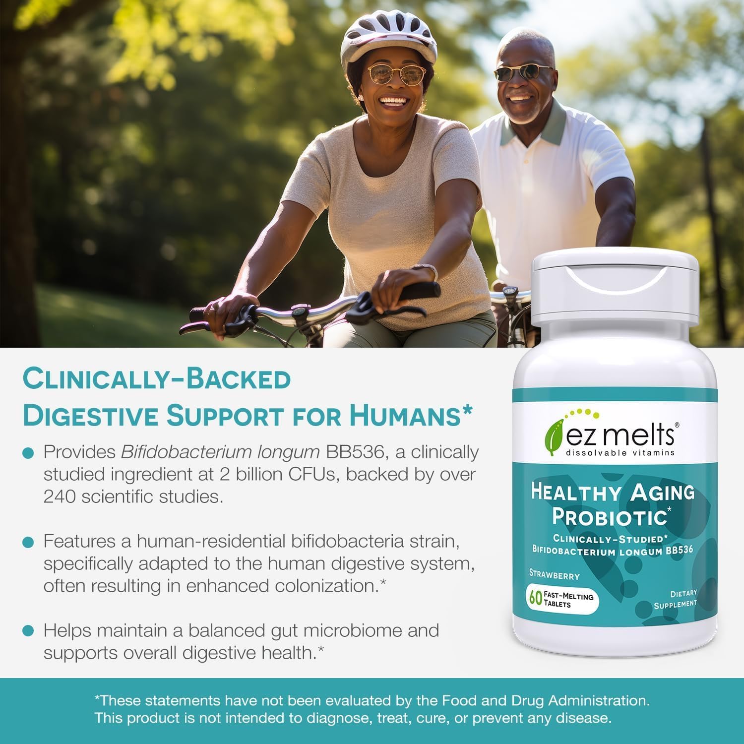 EZ Melts Dissolvable Healthy Aging Probiotic, Bifidobacterium Longum BB536 (2 Billion CFU), Sugar-Free, Probiotics for Women & Men 50+, 2-Month Supply - 1 Pack