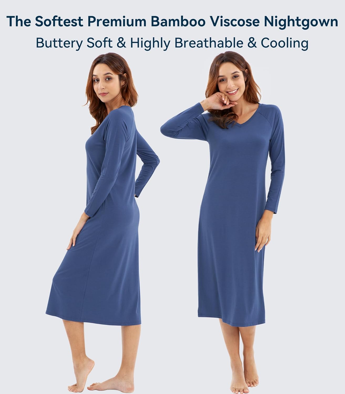 WiWi Nightgowns for Women Super Soft Viscose from Bamboo Long Sleeve Nightshirts Cooling Sleepwear Plus Size Nightshirts S-3X - Image 3