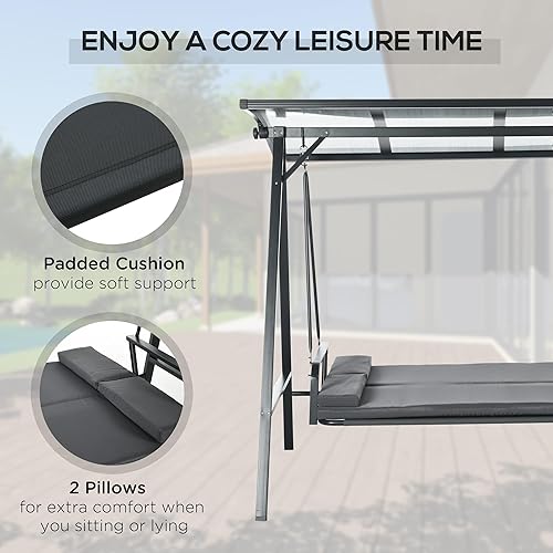 Miniatura 6 de Outsunny Silla de columpio de 3 plazas para patio, columpio al aire libre convertible con cojines, toldo de policarbonato ajustable para porche,