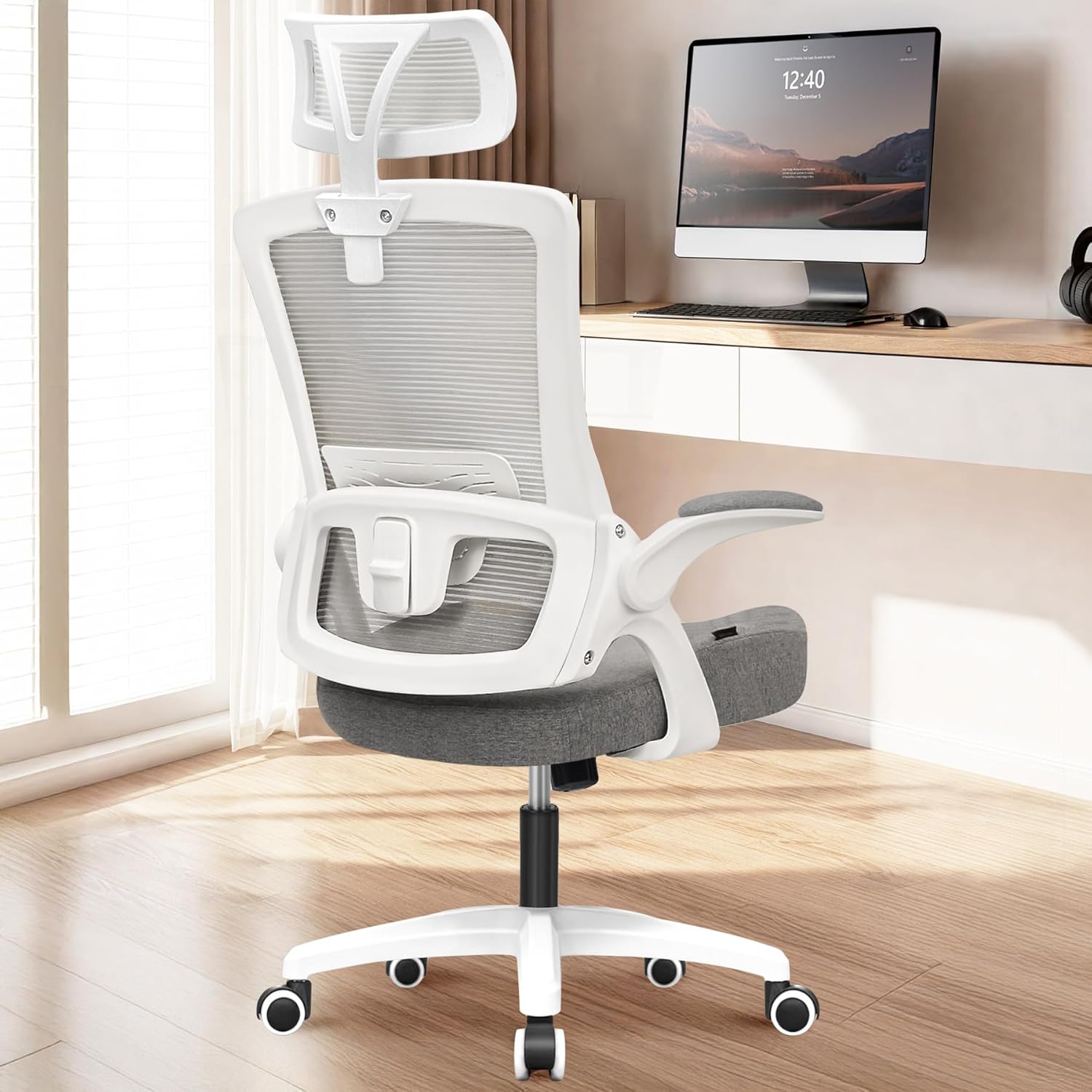 NEO CHAIR Office Desk Chair Computer High Back Mesh Gaming Seat with Ergonomic Adjustable Comfy Flip-up Armrests Lumbar Support Height for Home (Headrest Grey)