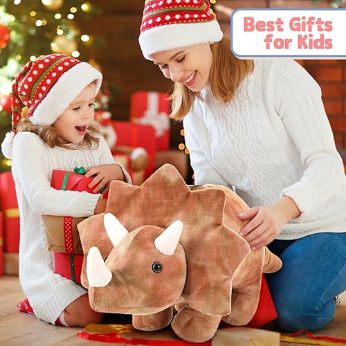 Miniatura 7 de Tezituor Peluche de Triceratops de 24.4 pulgadas, juguete de peluche de dinosaurio grande, almohada de peluche, regalo de cumpleaños para niños y