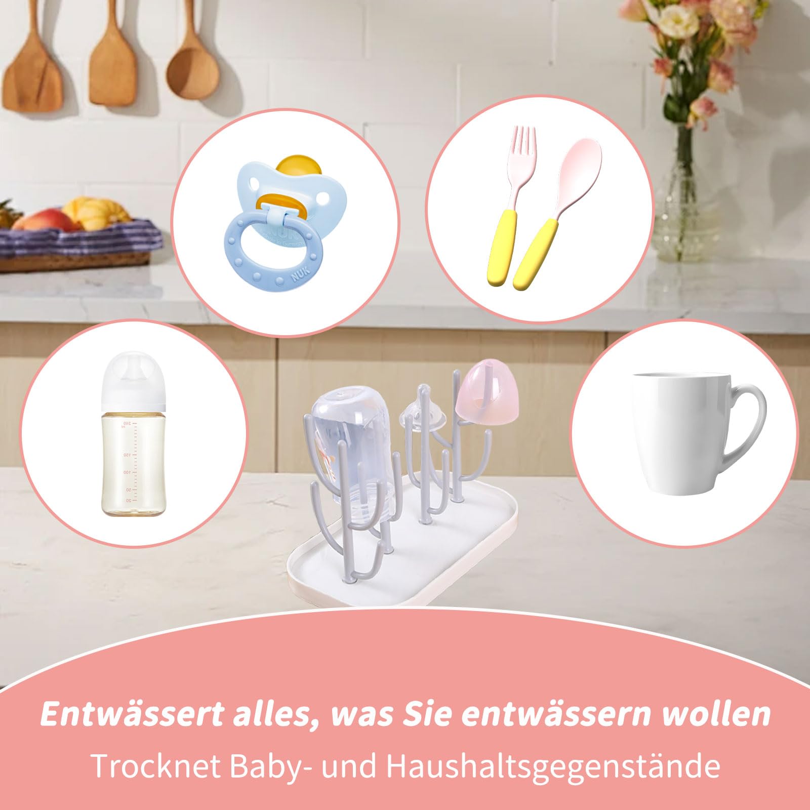 Scolapiatti per biberon, supporto con piastra rimovibile, multifunzionale per biberon, ciuccio, bicchieri, accessori per biberon (grigio)