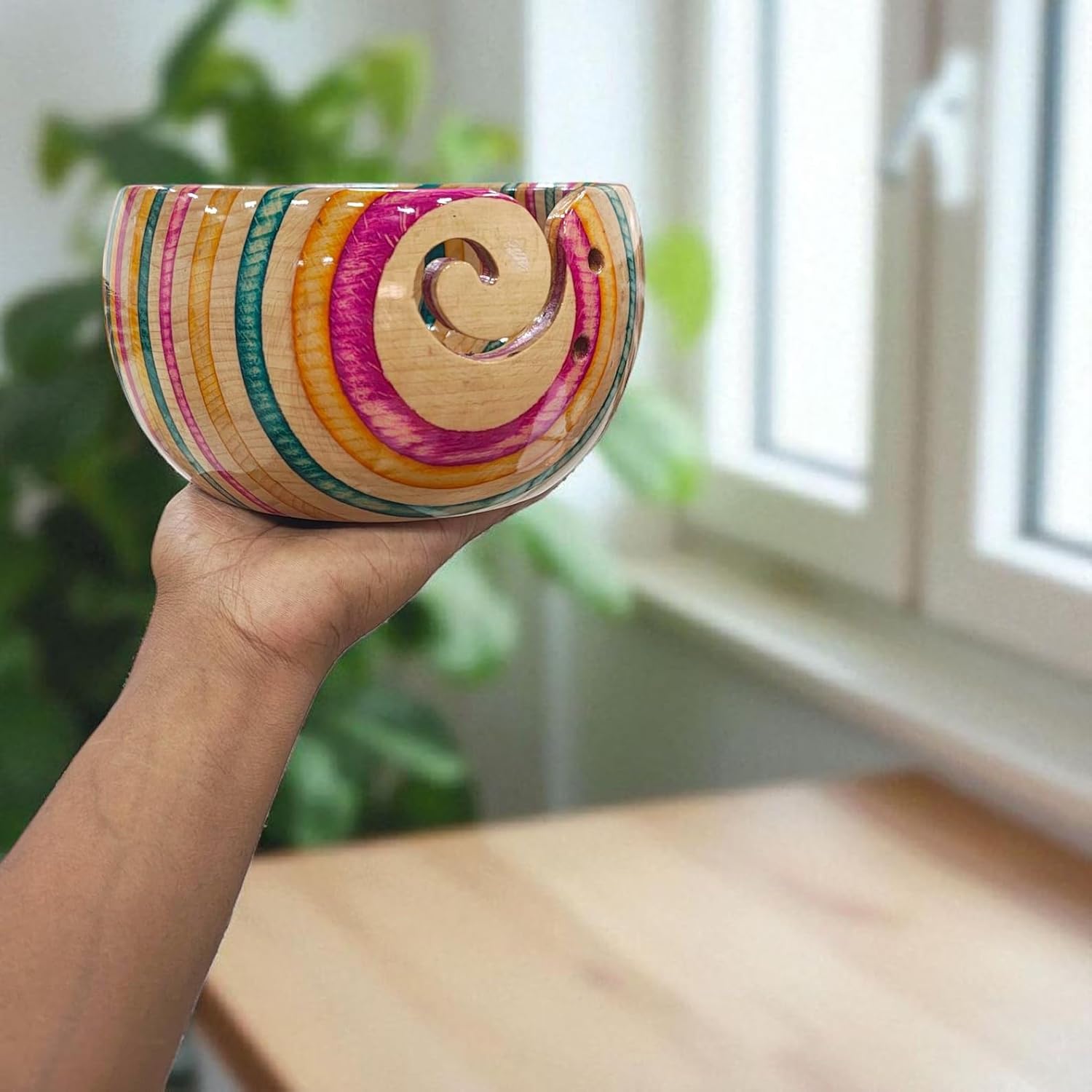 Handcrafted Colorful Beechwood Yarn Bowl – Wooden Holder with Spiral Cut Design – Tangle-Free Storage Bowl for Knitting & Crochet – Durable Handcrafted Organizer for Crafters