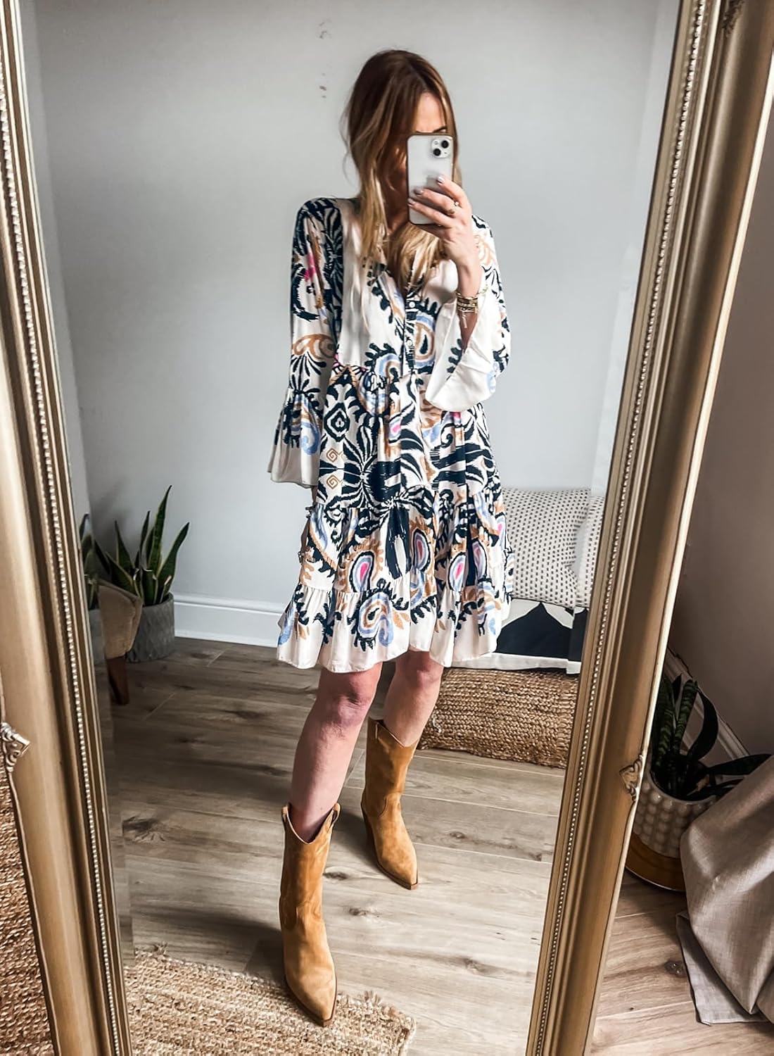 miduo Womens Summer Dress Casual V Neck Buttoned 3/4 Sleeve Bohemian Tribal Print Flowy Mini Dresses - Image 3