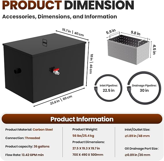 13 GPM Commercial Grease Trap, 36 Lbs Under Sink Grease Trap, Carbon Steel Grease Trap with Side Inlet, Grease Interceptor with Removable Mesh Filter for Oil-Water Separator