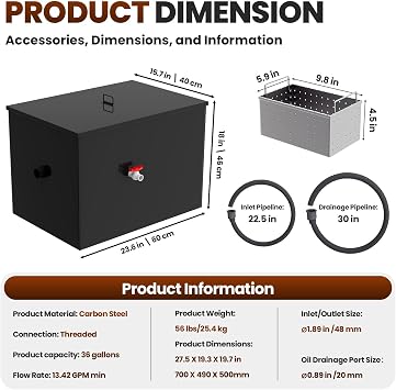 13 GPM Commercial Grease Trap, 36 Lbs Under Sink Grease Trap, Carbon Steel Grease Trap with Side Inlet, Grease Interceptor with Removable Mesh Filter for Oil-Water Separator
