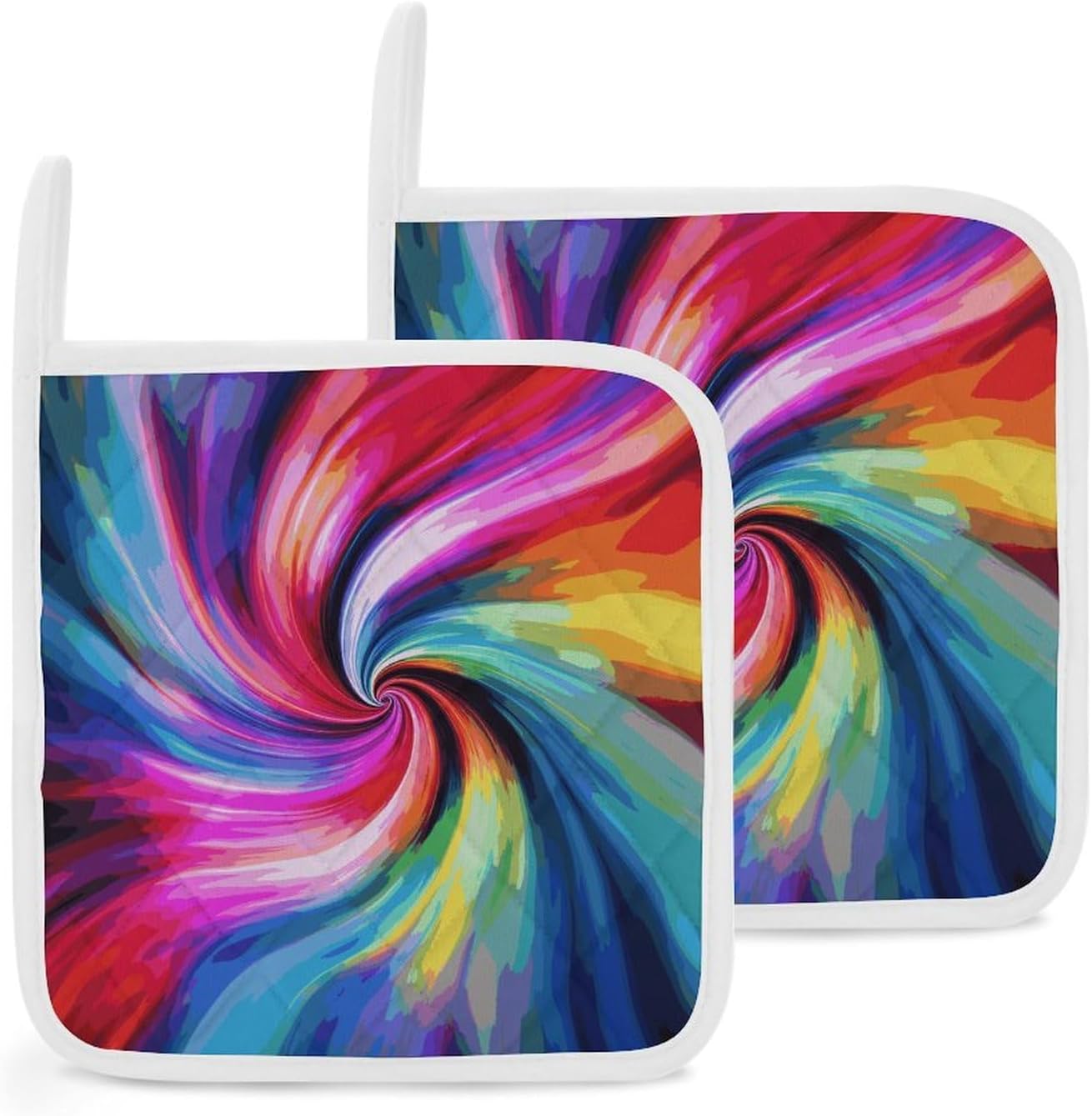 Square Potholders 2-Piece Set,Colorful Tie Dye Printed Kitchen Insulation Mats Heat-Resistant Non-Slip Insulation Mats with Hanging Rings for Kitchen Cooking Baking BBQ