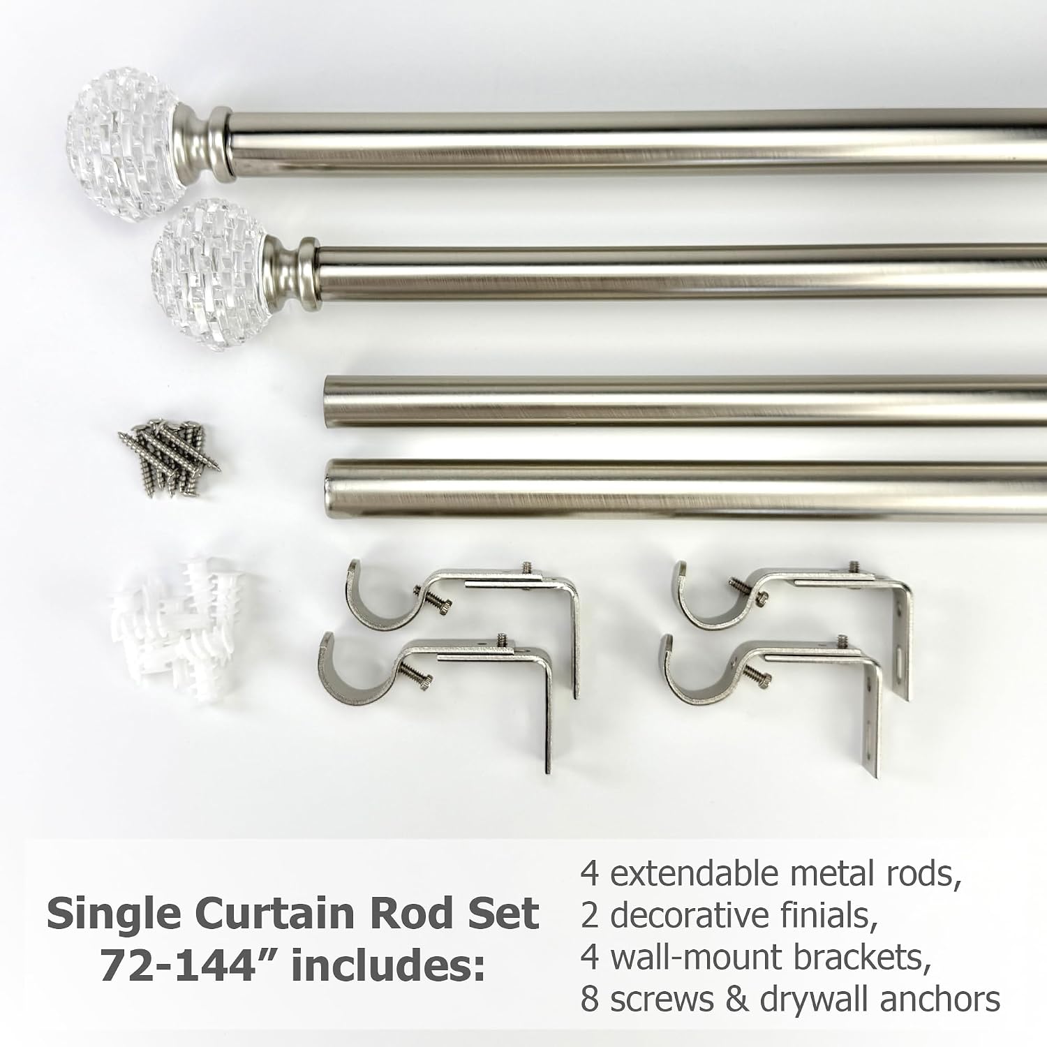 Brushed Silver Curtain Rods for Windows 68 to 140 Inch, Adjustable 72-144 Inch Extra Long Drapery Rod with Crystal Finials, Heavy Duty Decorative Window Treatment Rods for Living-room Bedroom
