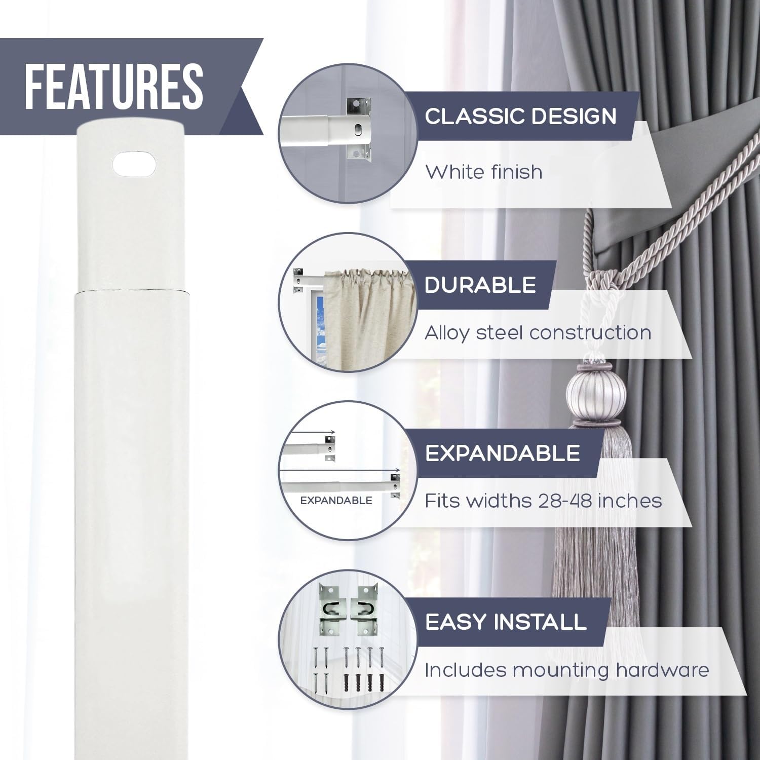 Amazing Drapery Hardware 28-48 Inch Flat Sash Rod with 1/4 Inch Clearance - Durable Steel Curtain Rod with Mounting Brackets, Screws, and Plugs - 1 Pack