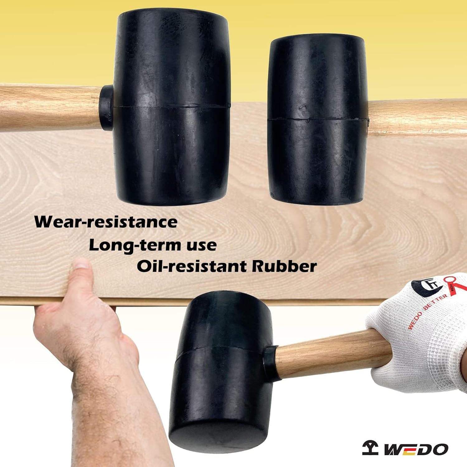 WEDO 2-Piece Rubber Mallet Hammer, 450g+680g, Double Faced Soft Mallet with Wooden Handle, Black