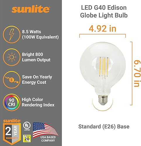 Miniatura 2 de Sunlite 81139 Bombilla LED G40 Edison Globe 81139, 8.5 vatios (100 W = ), base E26 estándar, 800 lúmenes, regulable, vidrio transparente, filamento