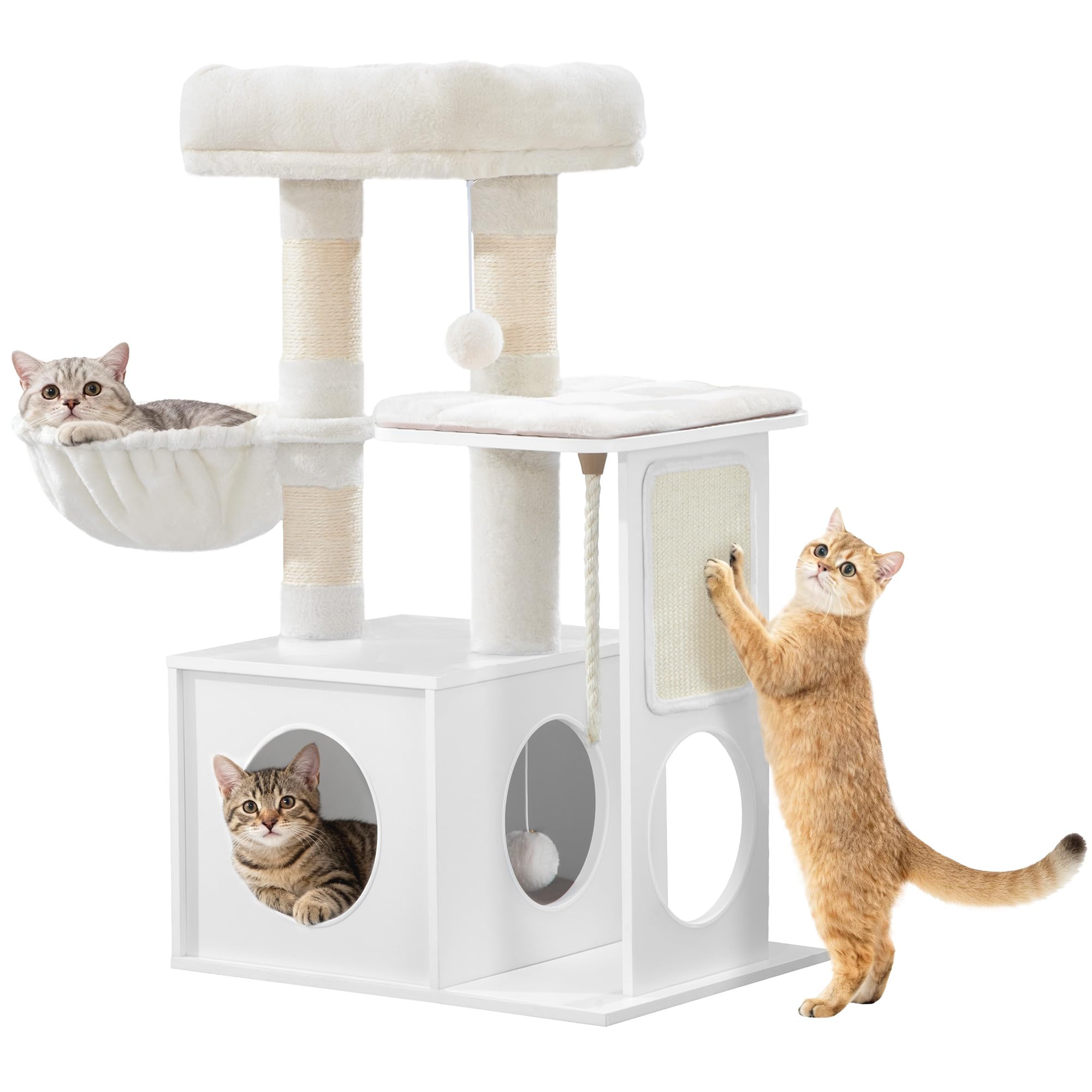 Hzuaneri Rascador y Moderno para Gatos, 85 cm de Alto, con 3 Postes Rascadores, Tapete Extraíble y Lavable, 1 Cueva, 2 Plataformas, 1 Cesta y Pompones, Blanco MS08313WT