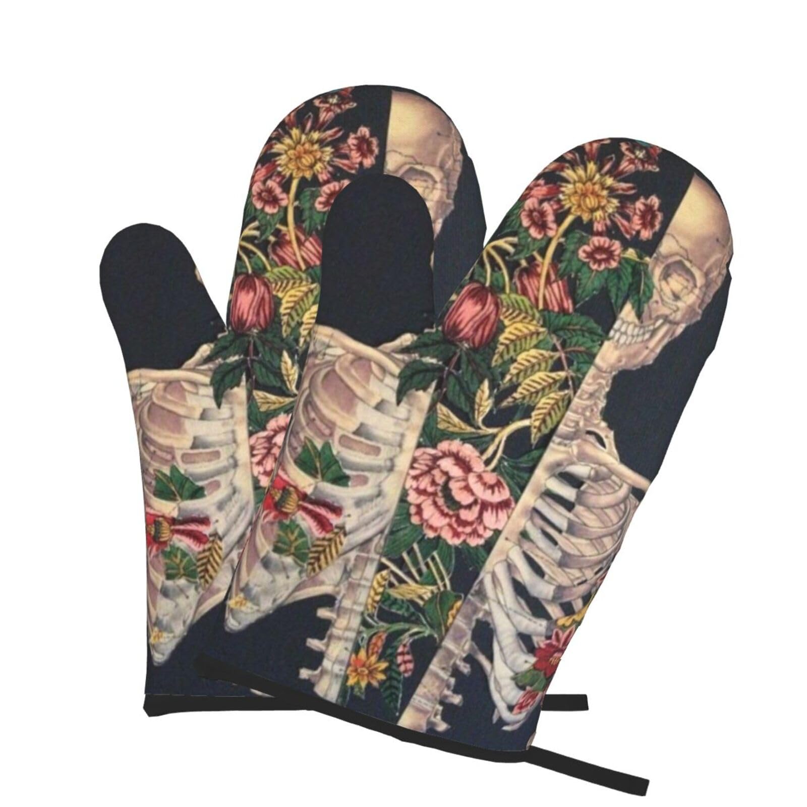 Oven Mitts Set of 2 Pcs, Skeleton Skull with Flower Prints Heat Resistant Kitchen Gloves for Cooking Baking Grilling