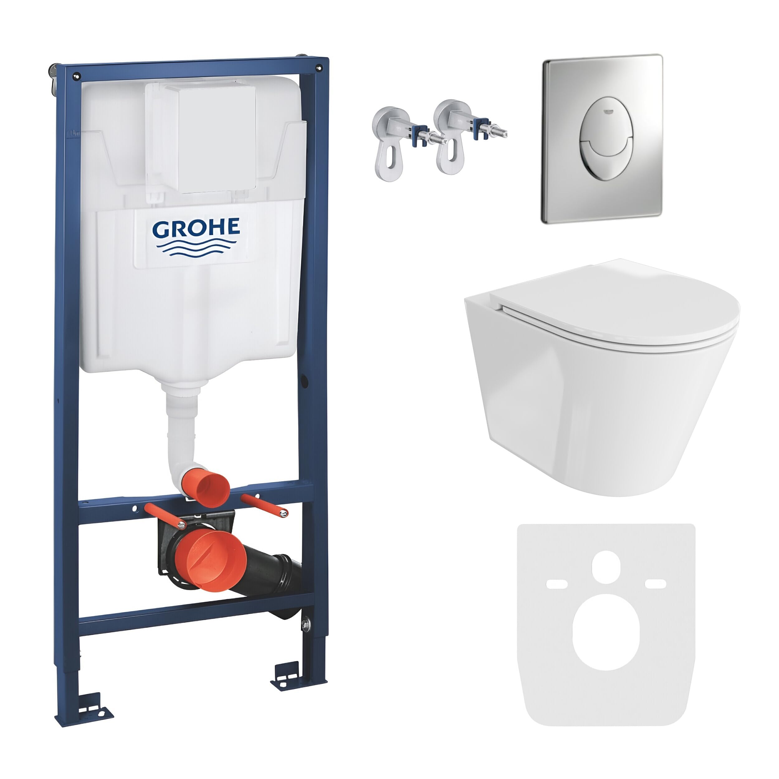 GROHE Wand WC ohne Spülrand + WC Sitz mit Absenkautomatik + Vorwandelement inkl. Drückerplatte Skate Air (Galve, Drückerplatte Chrom glänzend) WC