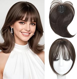 Hair Topper with Bangs Clip, 360° 3D Cover Hair Toppers for Women with Thinning Hairs, 10 Inch Straight Clip in Bangs Hairs Piece for Women Daily Wear (6Q#-Chestnut Brown)