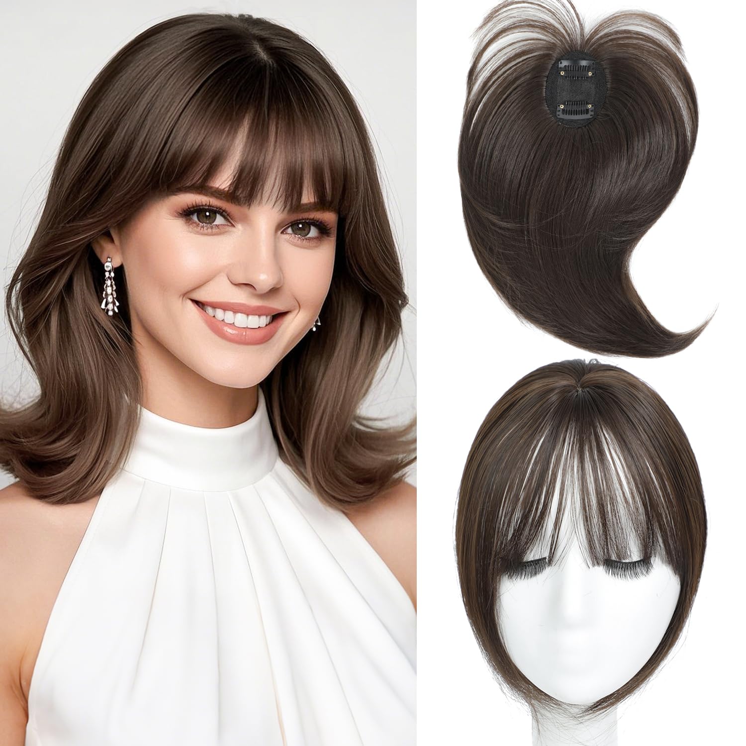Hair Topper with Bangs Clip, 360° 3D Cover Hair Toppers for Women with Thinning Hairs, 10 Inch Straight Clip in Bangs Hairs Piece for Women Daily Wear (6Q#-Chestnut Brown)