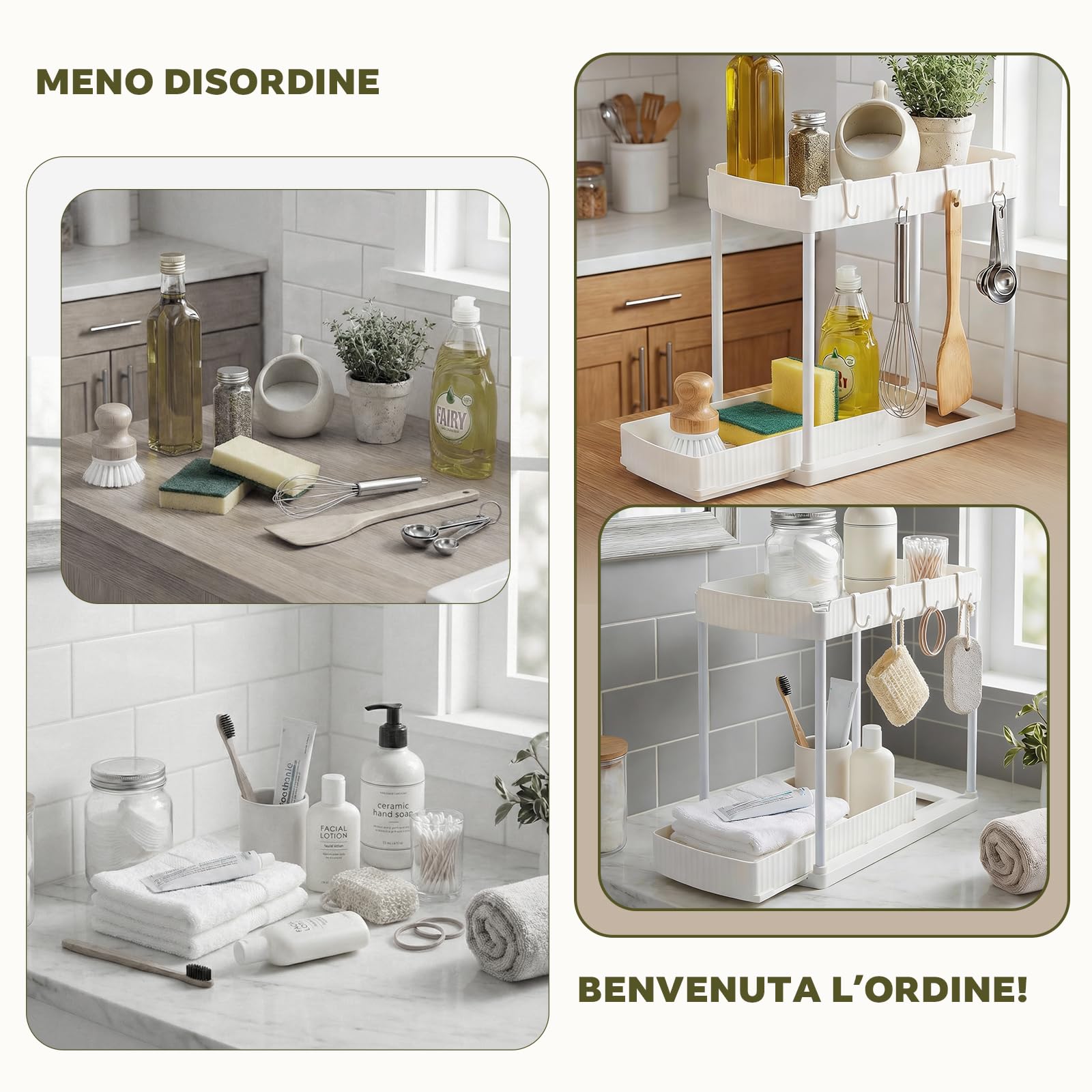Scaffale per Sottolavello 2 Piani, con Cassetto Estraibile e Vassoio, Organizzatore Multiuso per Cucina e Bagno, Bianco