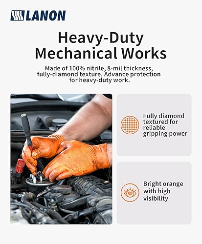 Miniatura 4 de LANON Guantes industriales de nitrilo naranja de 8 mil, resistentes, sin silicona, sin látex, textura de diamante elevado, talla M
