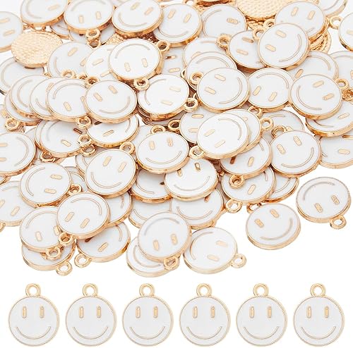 SUPERFINDINGS 120 dijes de aleación esmaltada de cara sonriente, colgantes planos y redondos con diseño de sonrisa dulce y blanca para hacer joyas,